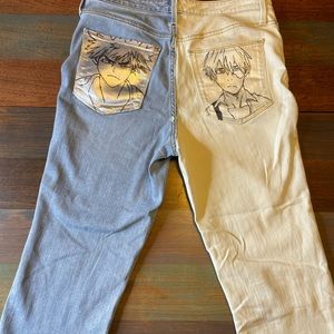 Split color jeans with anime painted on back pocket’s.